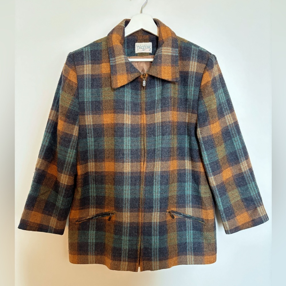 Vintage Plaid Pea Coat in Teal, Brown & Mustard - Picture 5 of 10